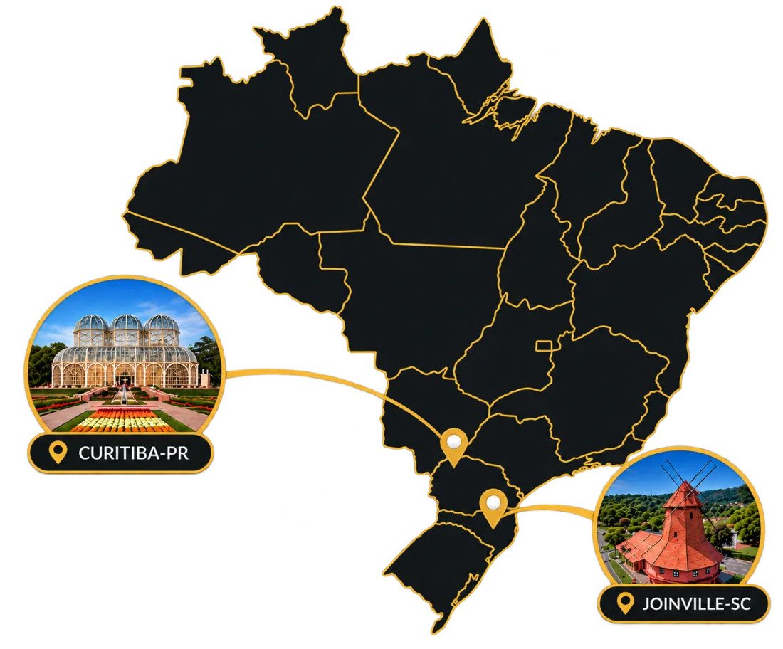 Mapa do Brasil com Curitiba/PR e Joinville/SC destacadas